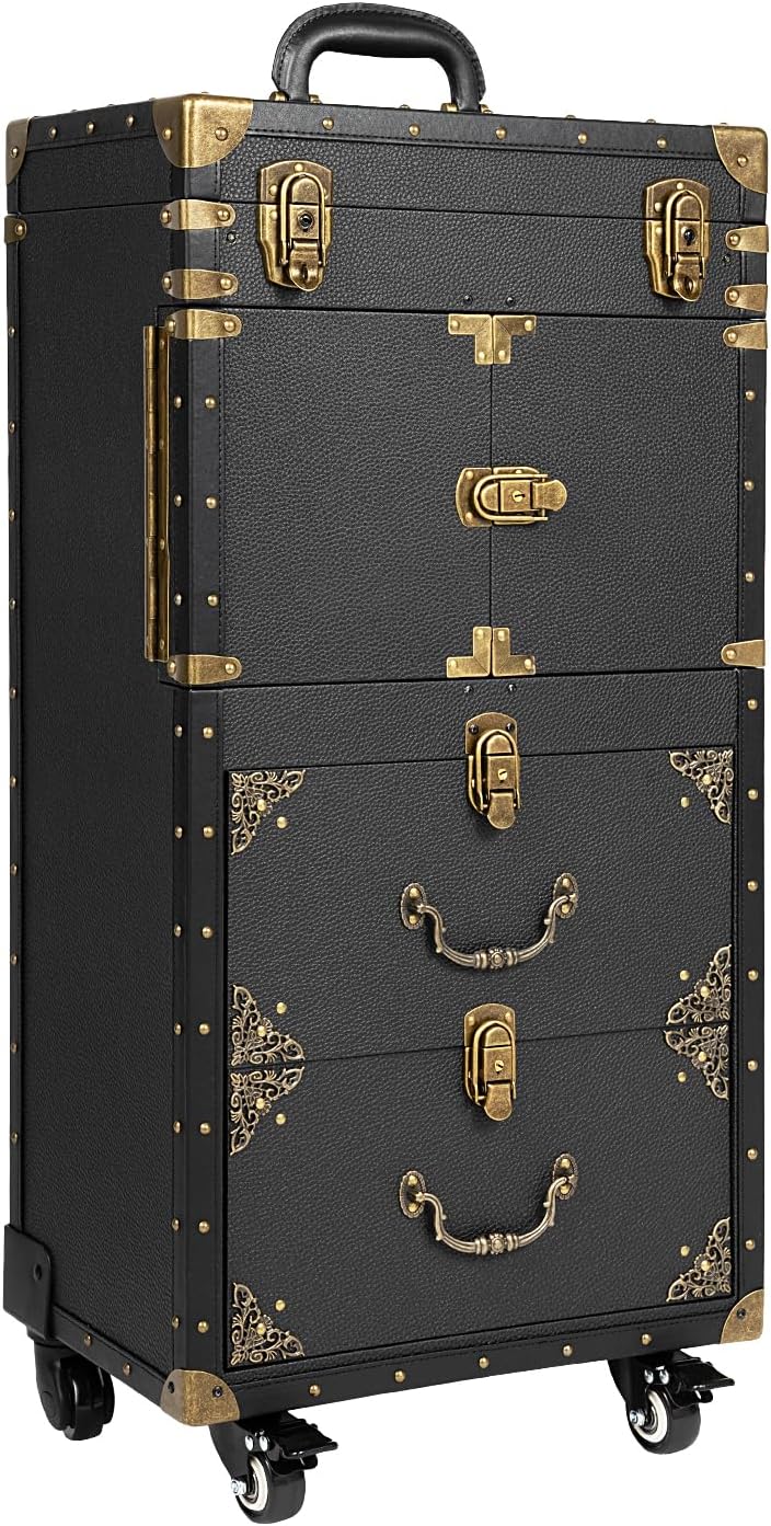 Rolling Makeup Train Case Lockable Cosmetology Case on Wheels Aluminum Alloy U651589