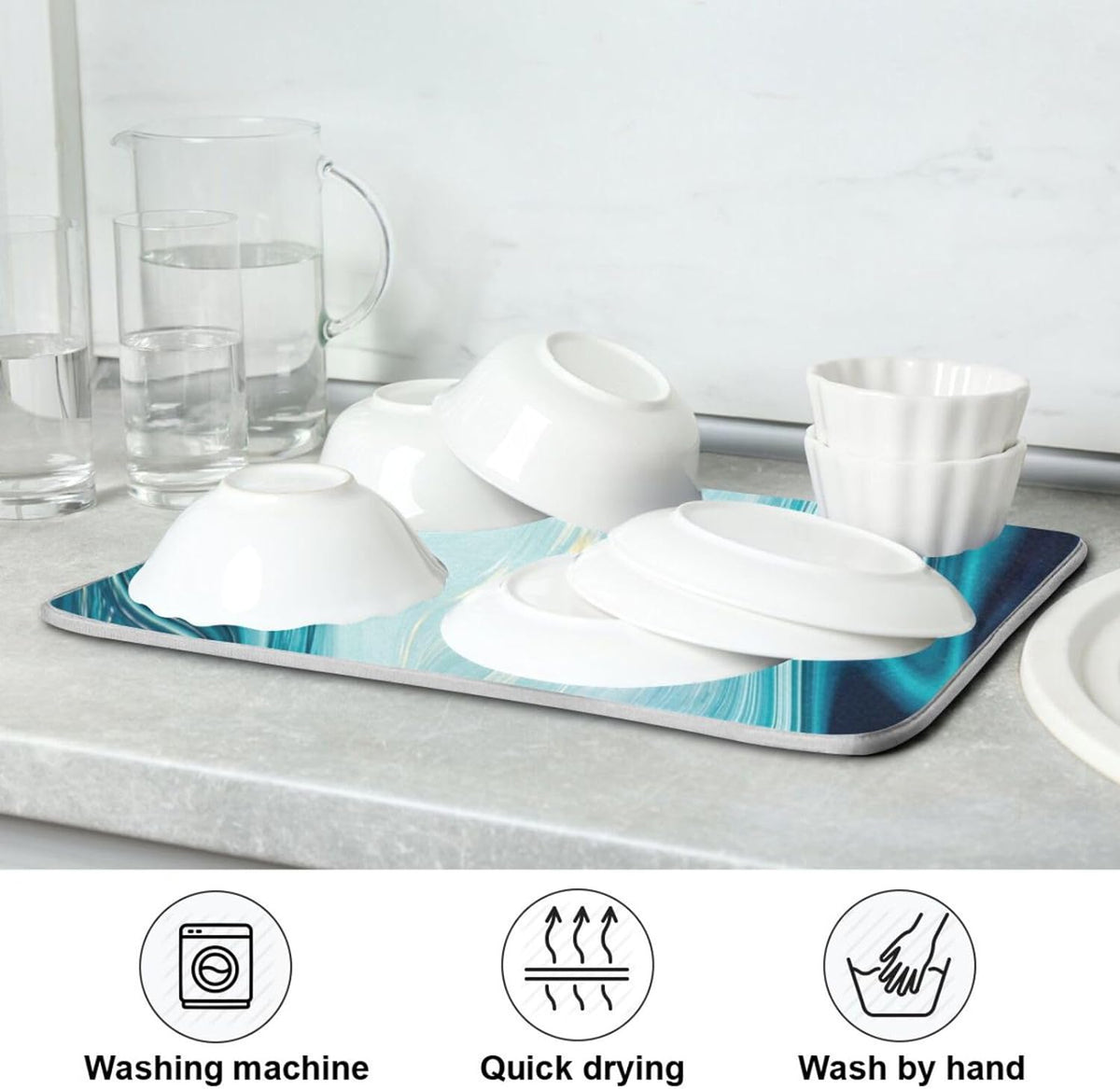 Blue Abstract Marble Dish Drying Mat, 16x18Inch Q646