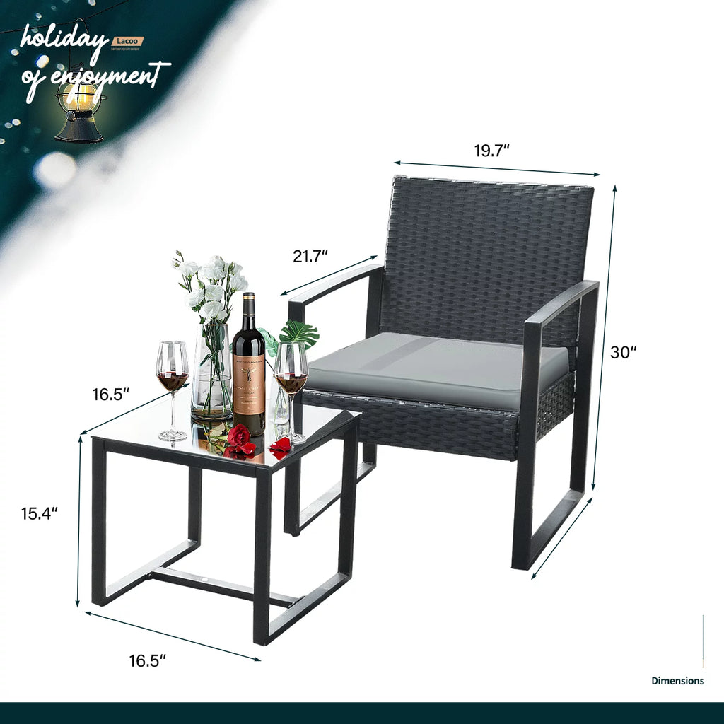 3 Pieces Cushioned PE Rattan Bistro Chairs Set of 2 with Coffee Table M9216