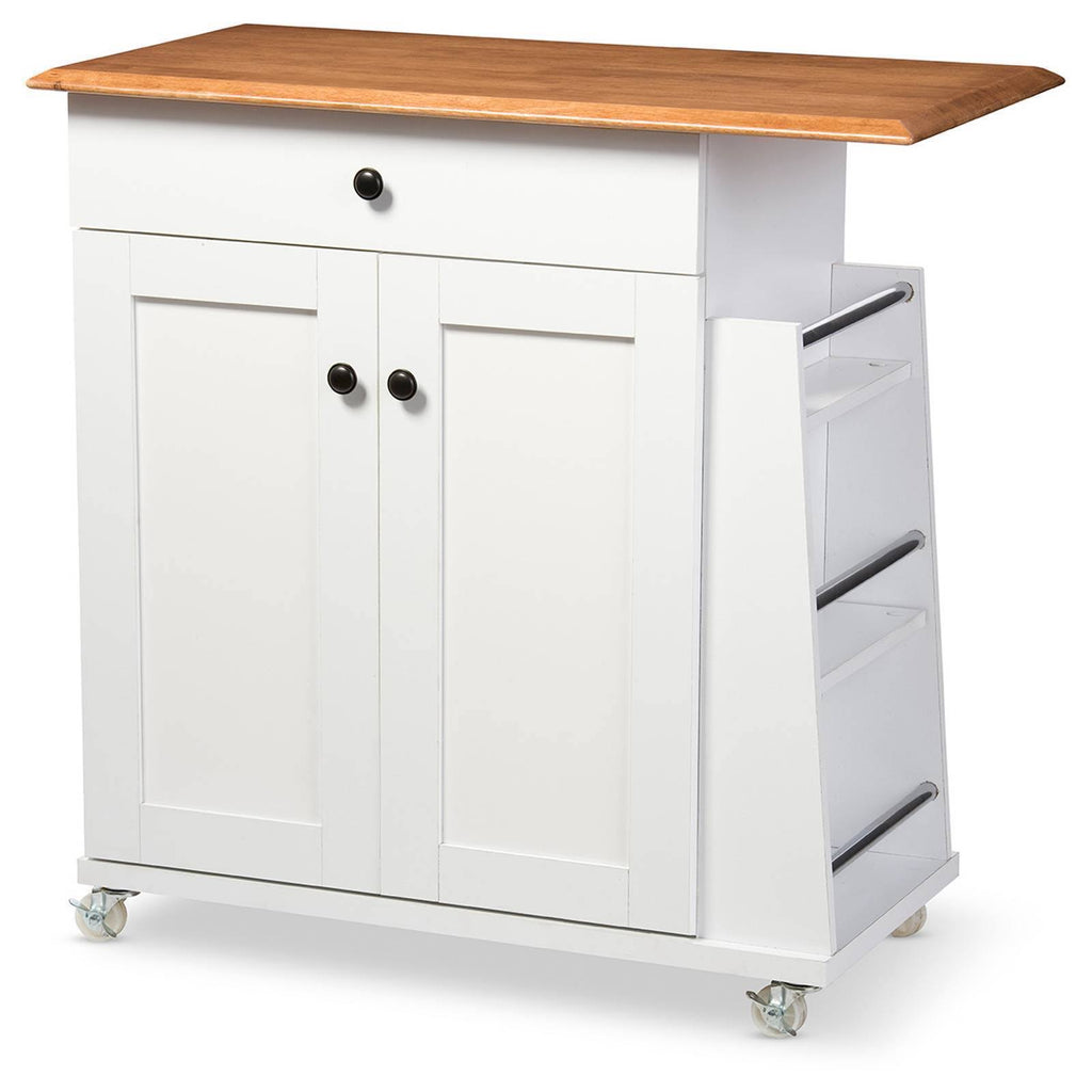 Two-Tone White and Dark Brown Lacquered Wood Kitchen Cart Cabinet Q1452
