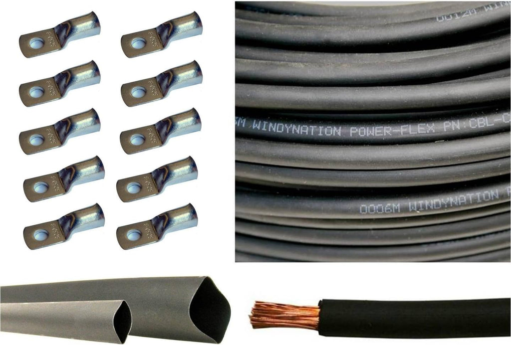 4/0 AWG 10 Feet Red + 10 Feet Black Pure Copper Flexible Cable + 10pcs 3/8" Tinned Copper Cable Lug Terminal Connectors + 3 Feet Black Heat Shrink Tubing S48066