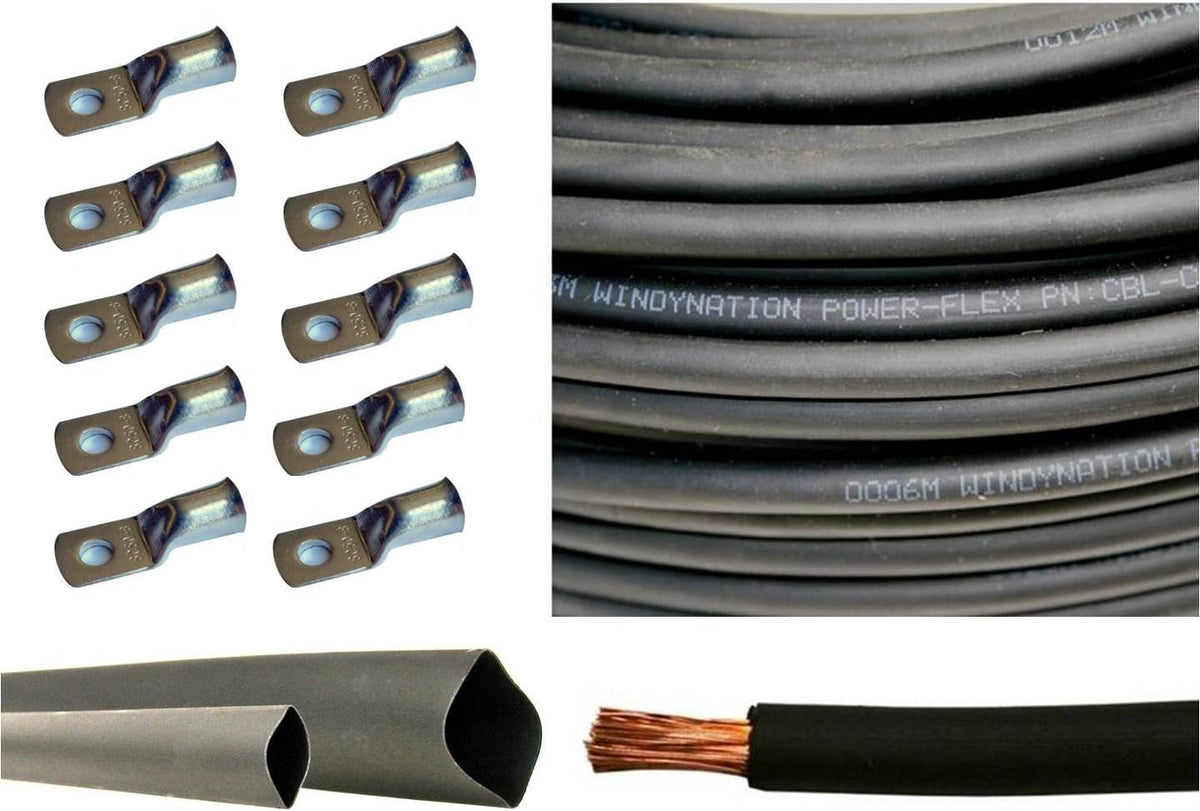 4/0 AWG 10 Feet Red + 10 Feet Black Pure Copper Flexible Cable + 10pcs 3/8" Tinned Copper Cable Lug Terminal Connectors + 3 Feet Black Heat Shrink Tubing S48066