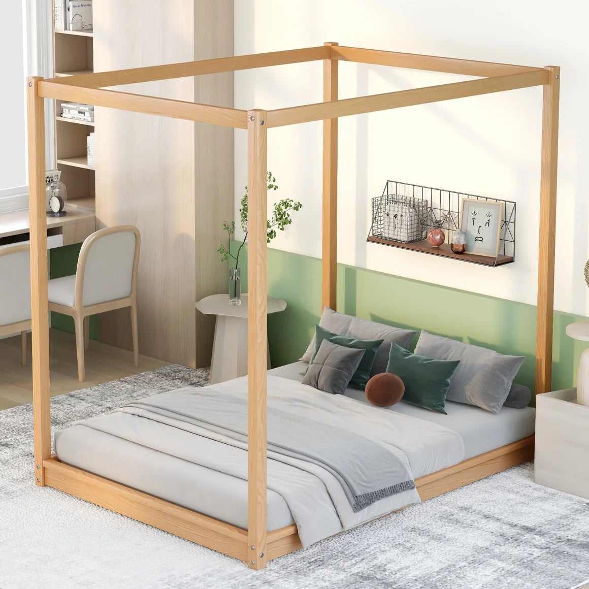 White Queen Size Wood Canopy Bed Frame with Headboard R7349