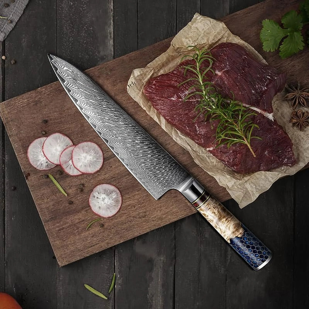 12.5-inch Damascus Chef Knife with Olive Wood Handle V19236