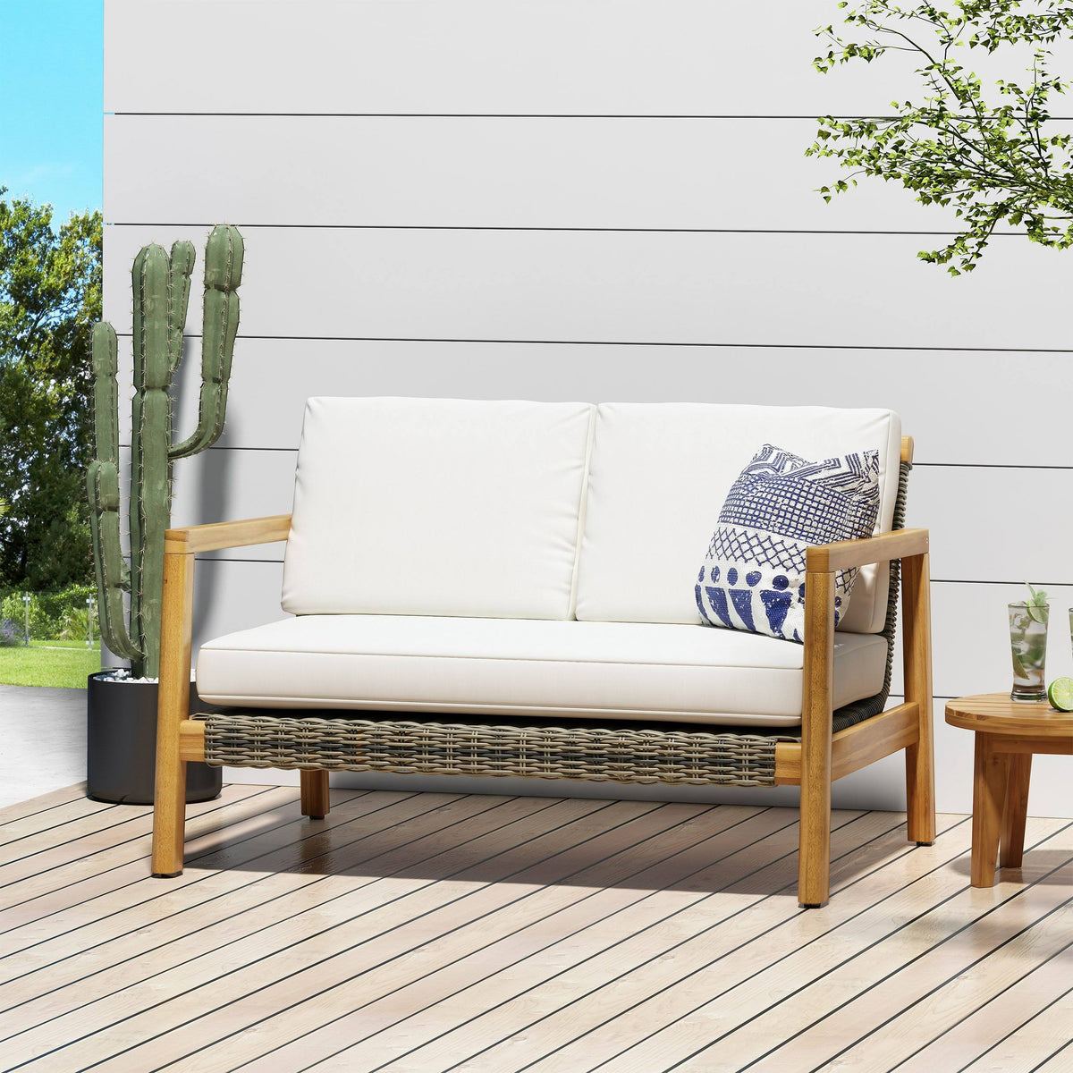 Acacia Wood Loveseat with Wicker Accents N62187