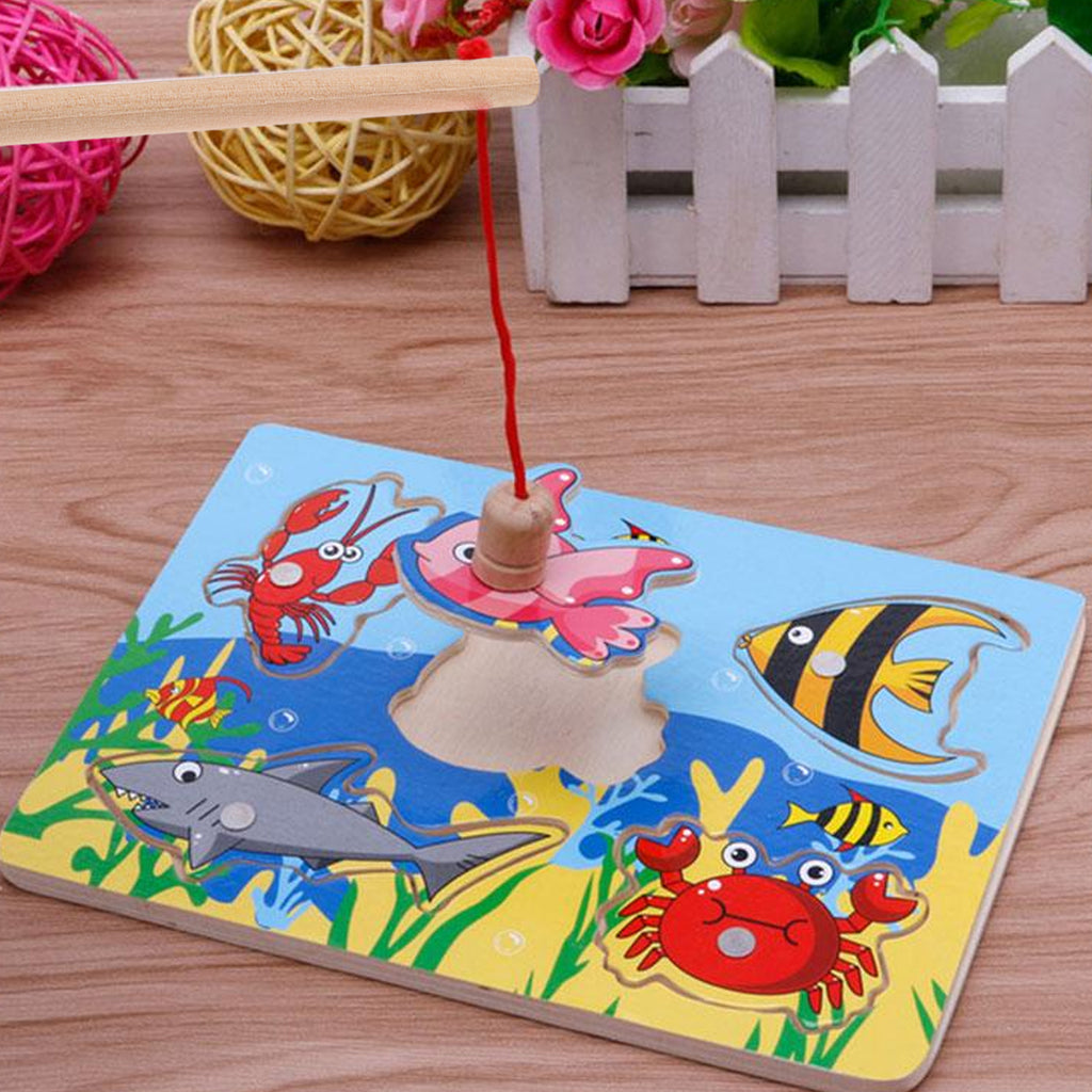 3pcs Kids Toy Magnetic Wood Fishing Poles Fishing Games Wooden Fishing Rod V5438