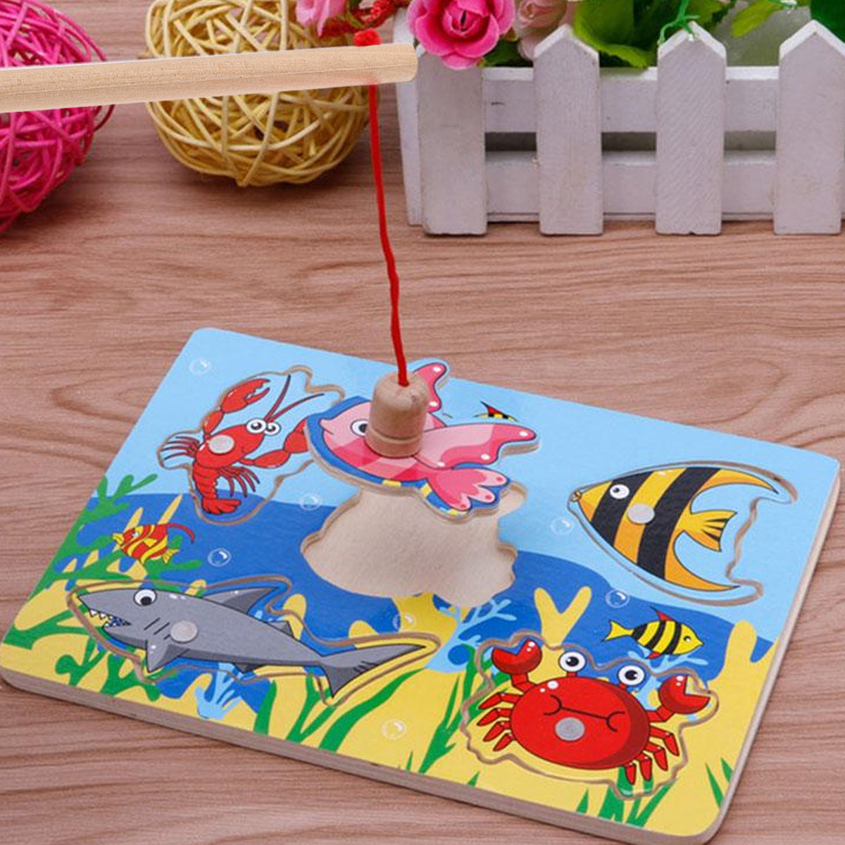 3pcs Kids Toy Magnetic Wood Fishing Poles Fishing Games Wooden Fishing Rod V5438