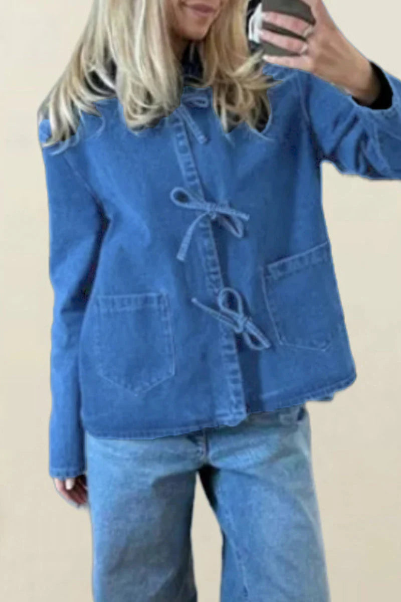 Solid With Bow Turndown Collar Outerwear H73489