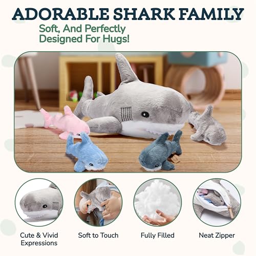 Large Multicolor Shark Stuffed Animal Plushie with 6 Mini Stuffed Toys H66600