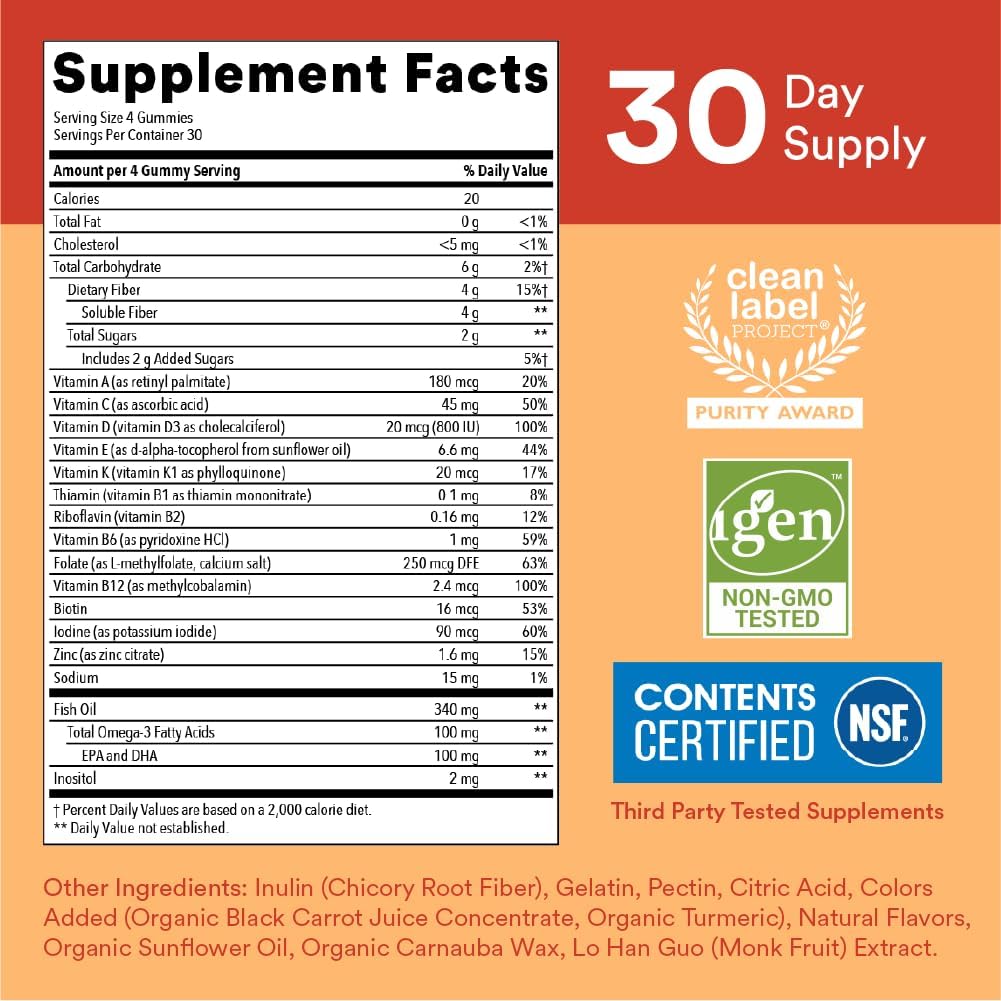 Sugar Free Kids Multivitamin Gummies with Omega 3, Vitamin D3, C & Fiber S148075