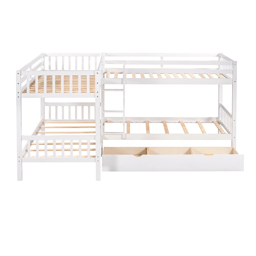 White Wooden L-Shaped Twin Over Twin Bunk Beds with Storage Drawers P522311