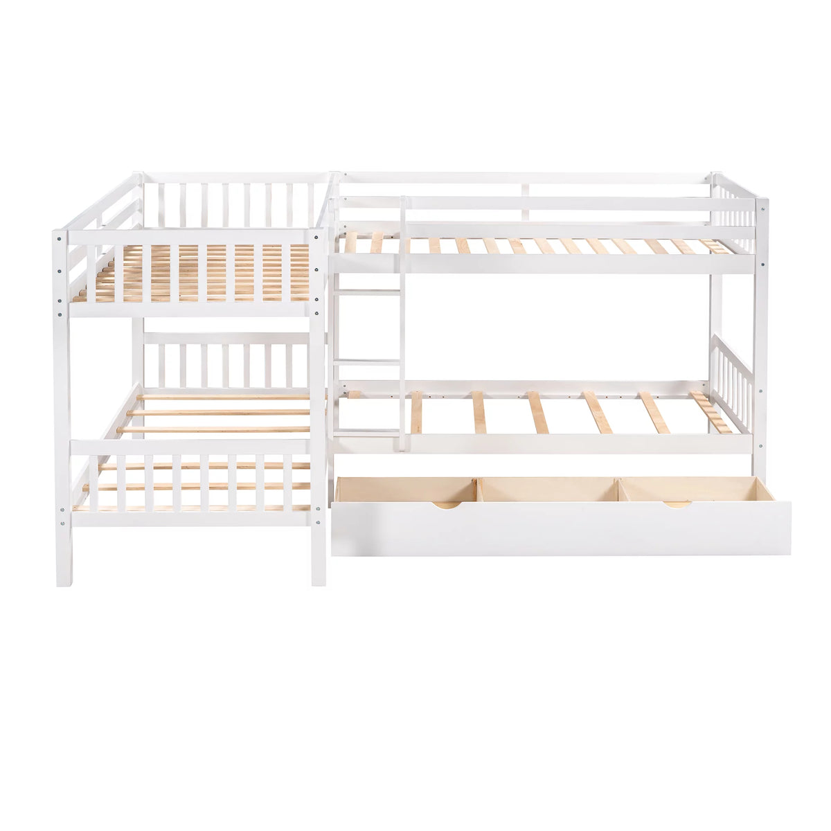 White Wooden L-Shaped Twin Over Twin Bunk Beds with Storage Drawers P522311