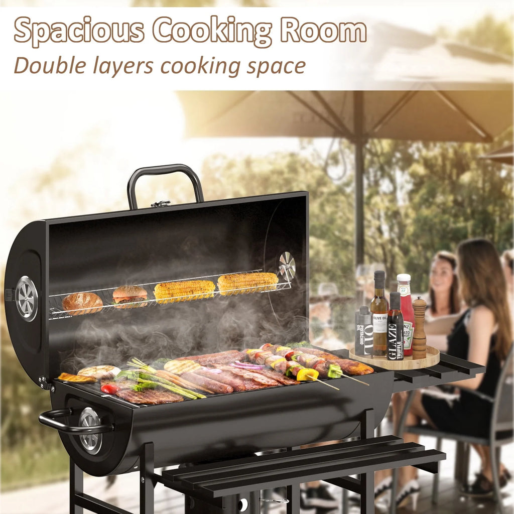 Black 29” Barrel Outdoor Charcoal Grill with Side Shelf and Wheels K380375