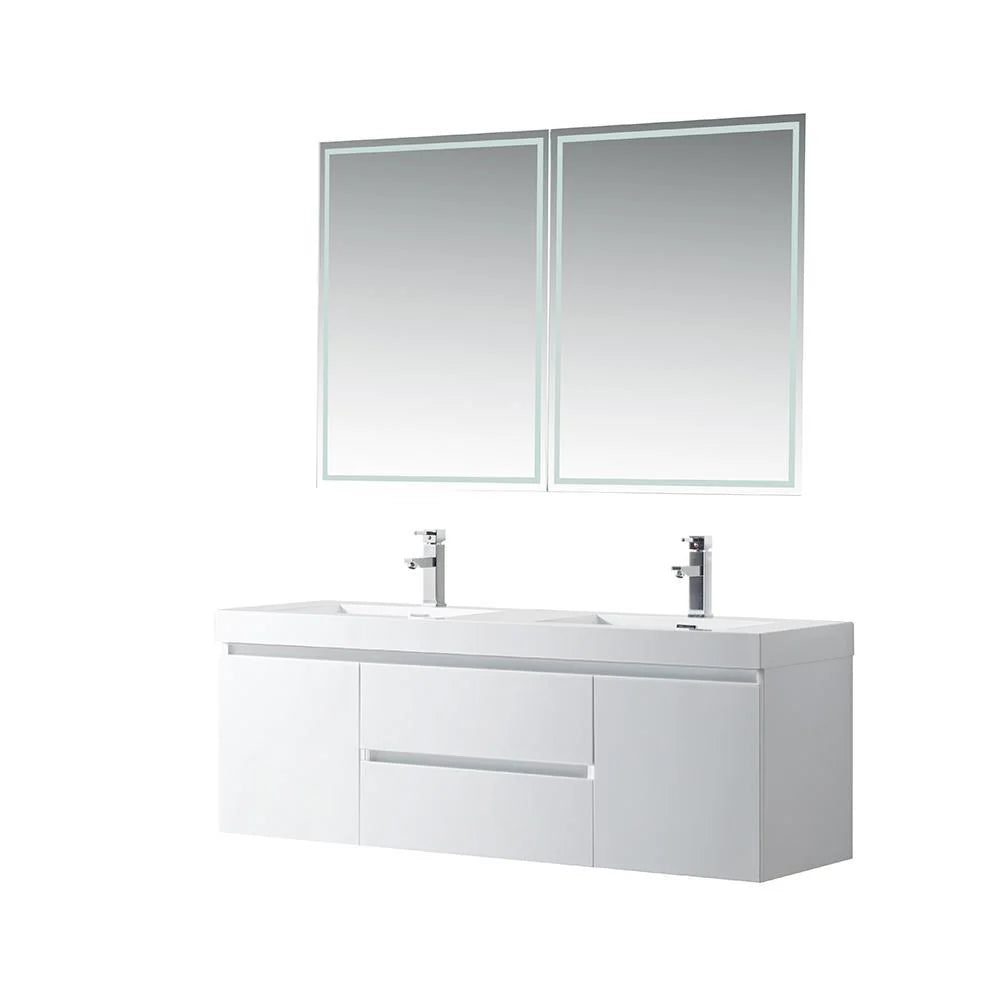 Glossy White 60-inch Wall-hung Double Sink Bathroom Vanity I914067
