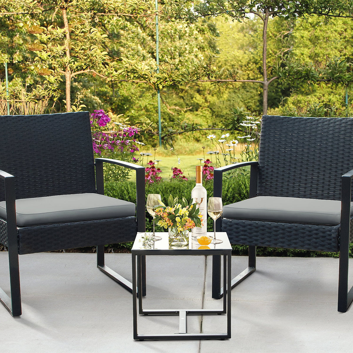 3 Pieces Cushioned PE Rattan Bistro Chairs Set of 2 with Coffee Table M9216
