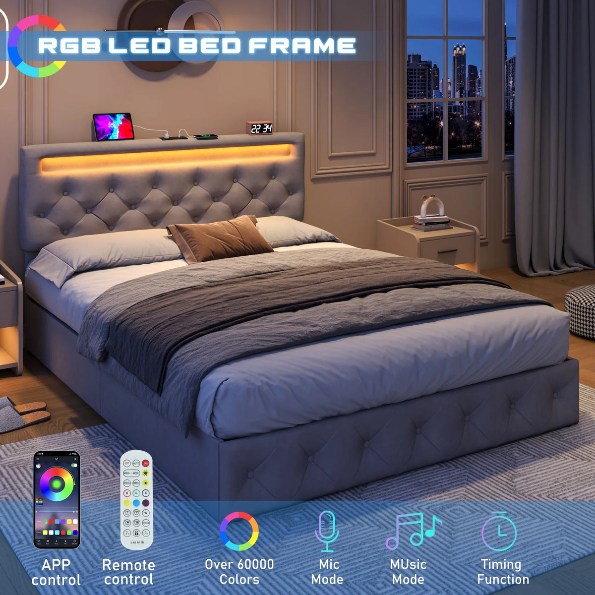 Queen Lift Up Velvet Storage Bed Frame with LED Light & Power Outlets V156444