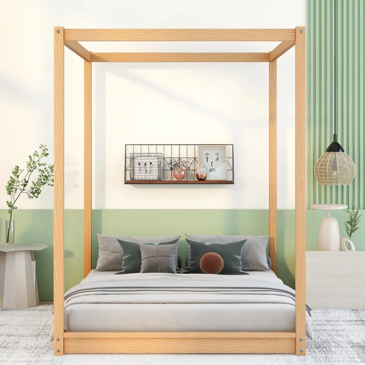 White Queen Size Wood Canopy Bed Frame with Headboard R7349