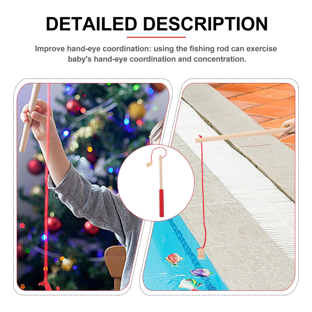 3pcs Kids Toy Magnetic Wood Fishing Poles Fishing Games Wooden Fishing Rod V5438