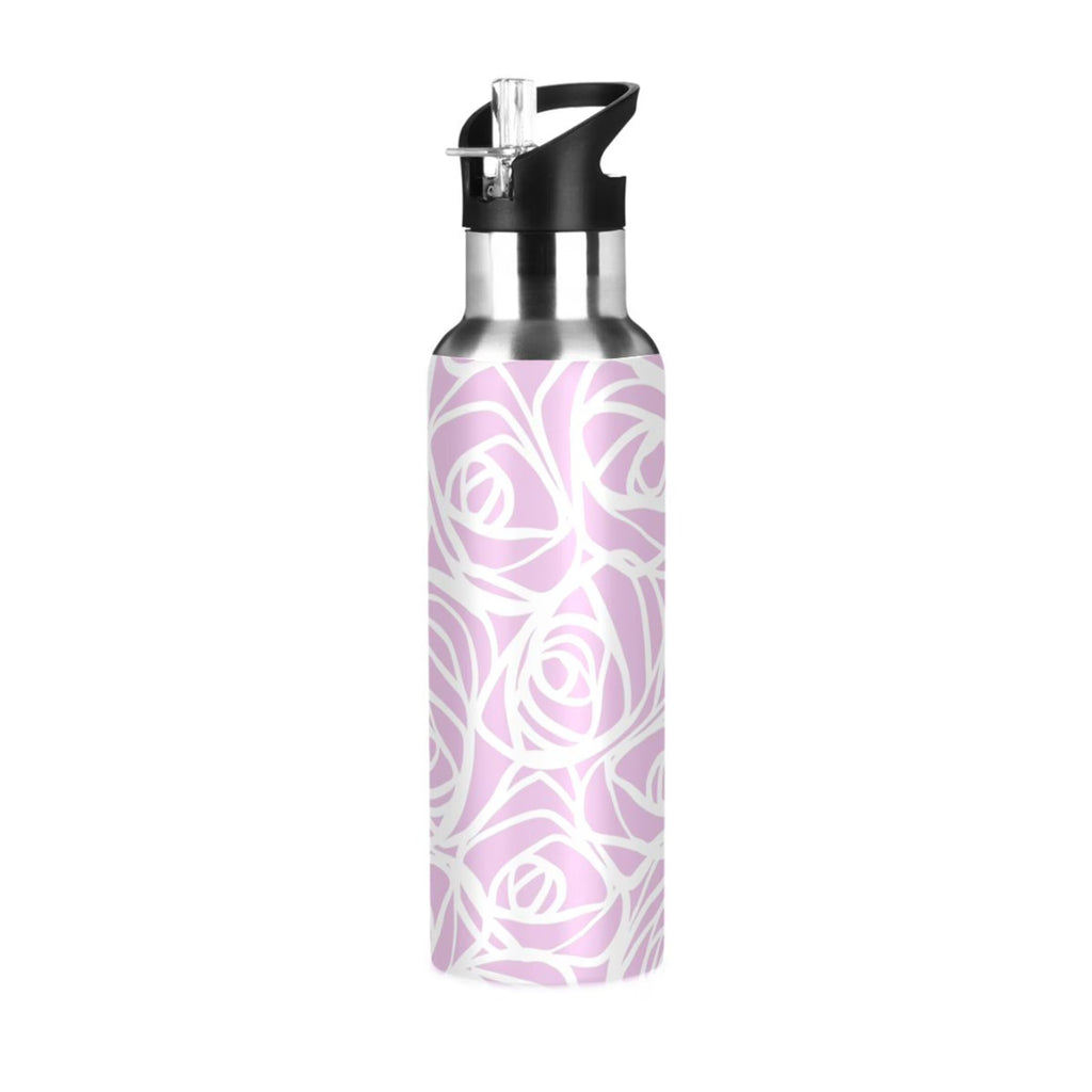 White Rose Flower Pink Stripes Stainless Steel Water Bottle 20 OZ I769