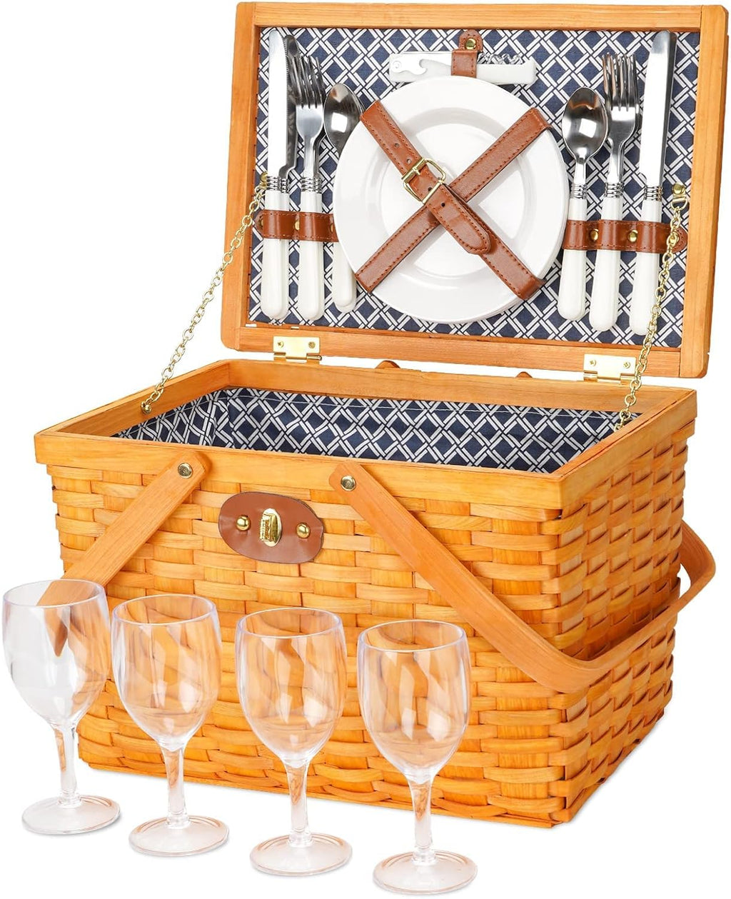 Picnic Basket Set for 4 Person Woodchip Basket with Handles Z22772