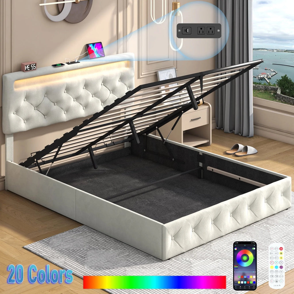 Queen Lift Up Velvet Storage Bed Frame with LED Light & Power Outlets V156444