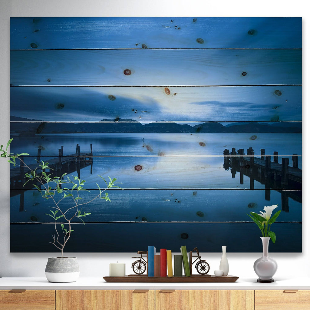 Dark Blue Sea and Piers Seascape Print on Natural Pine Wood T2788