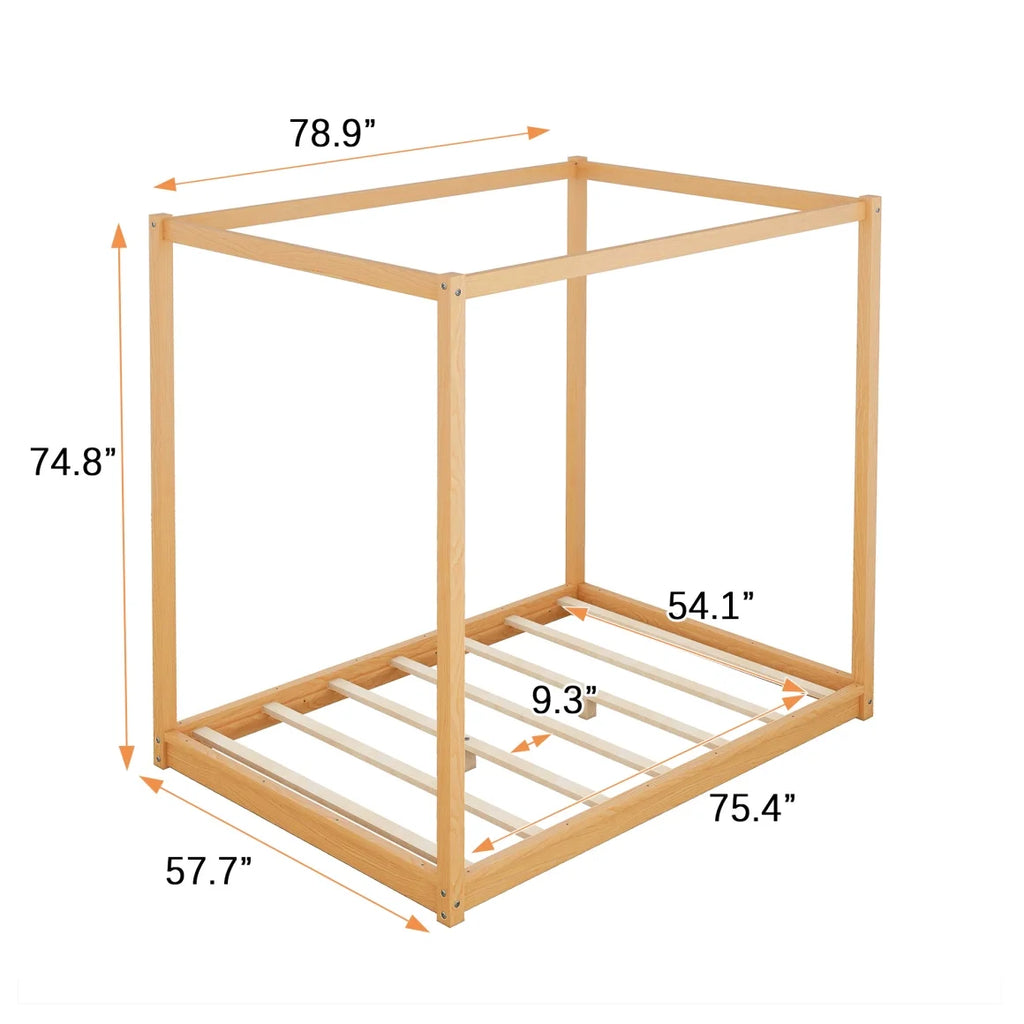 White Queen Size Wood Canopy Bed Frame with Headboard R7349