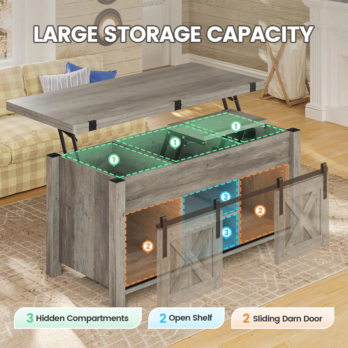 Gray Lift Top Coffee Table with Storage C305