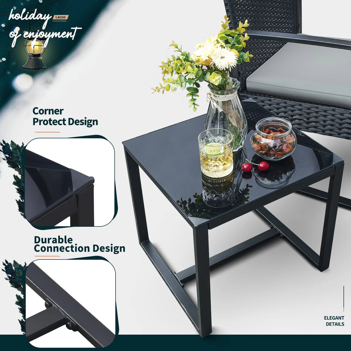 3 Pieces Cushioned PE Rattan Bistro Chairs Set of 2 with Coffee Table M9216