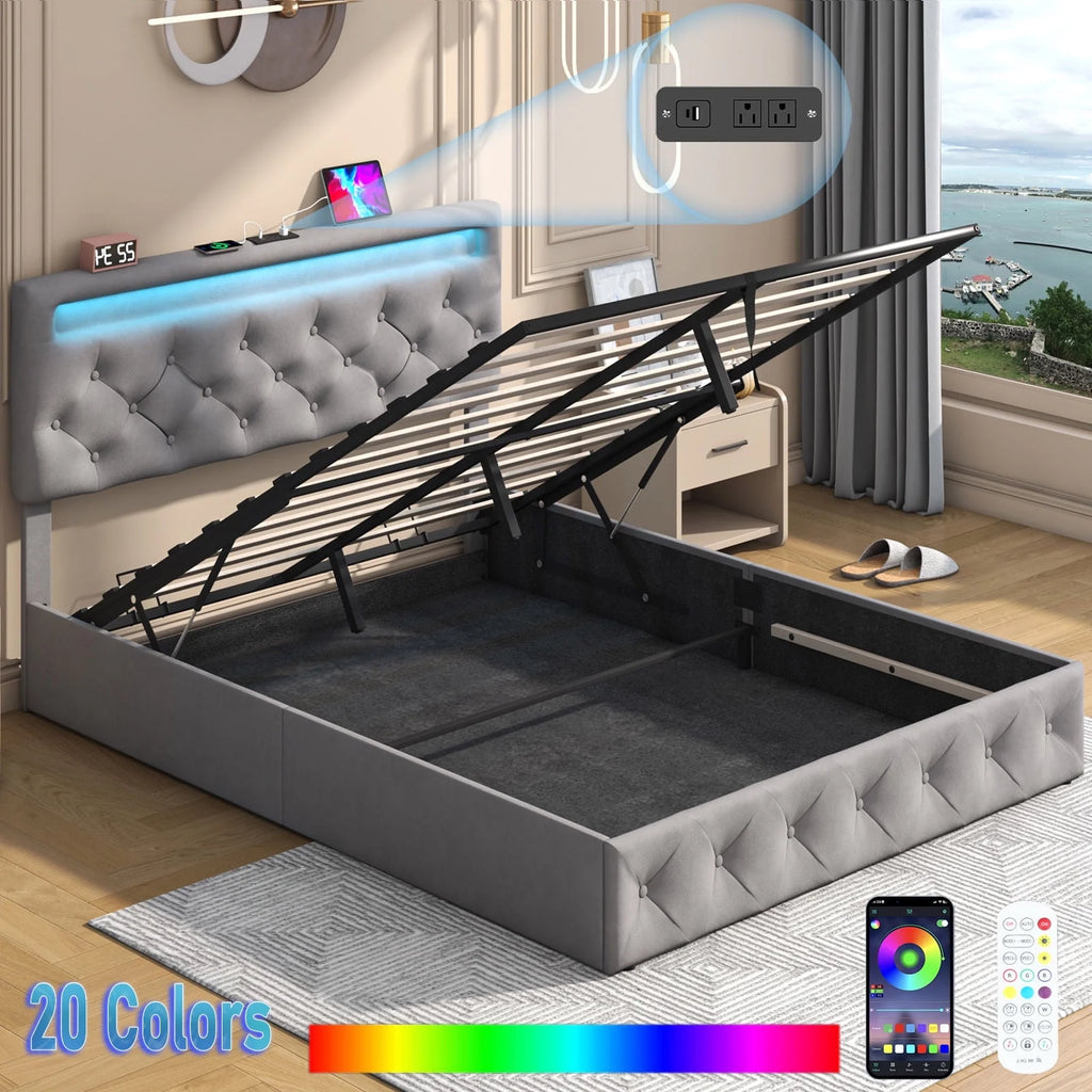 Queen Lift Up Velvet Storage Bed Frame with LED Light & Power Outlets V156444