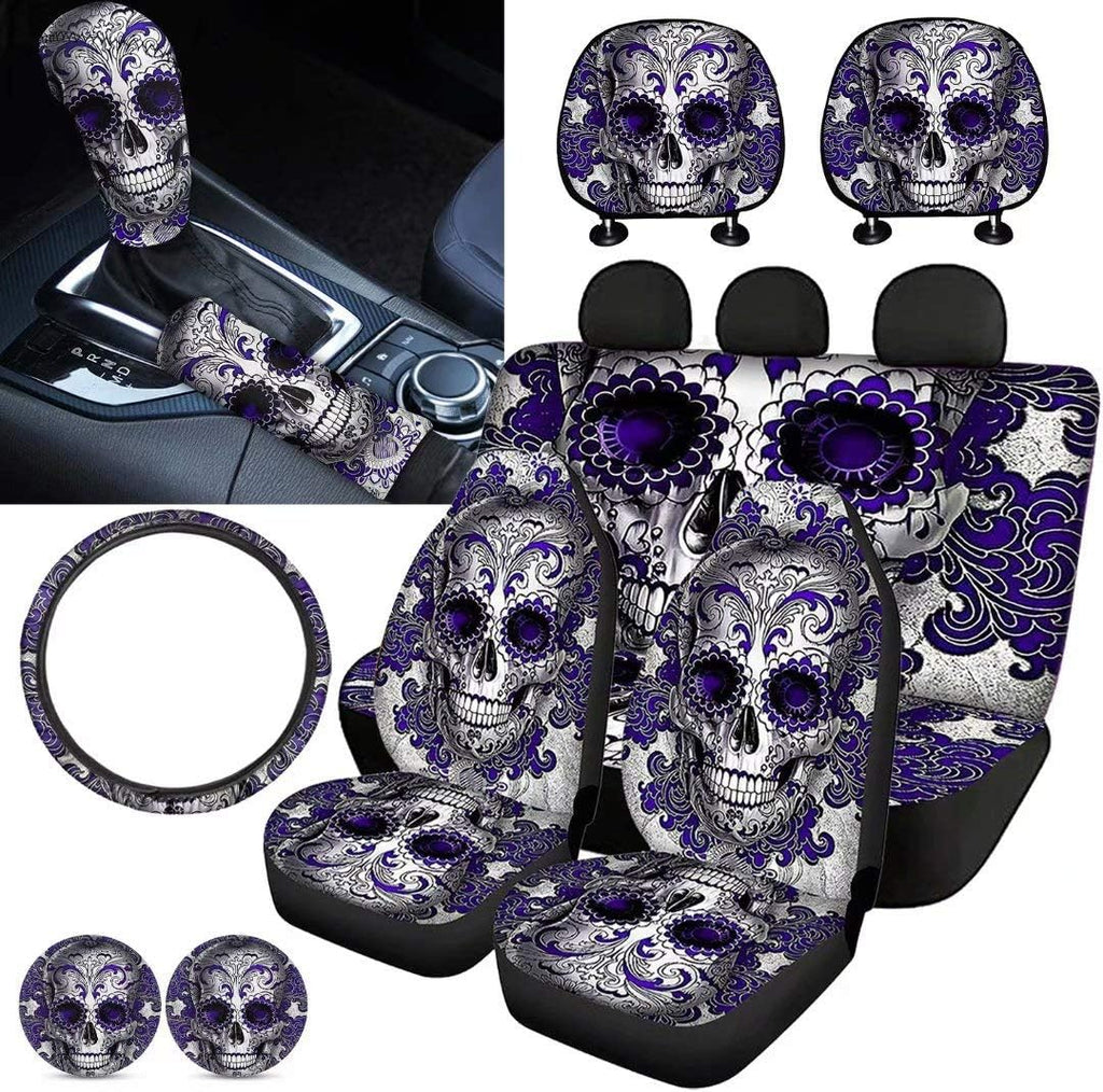 Purple Sugar Skull Car Seat Cover Set 11 PCS T50763