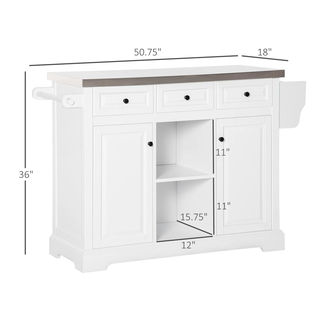 White Pine Wood Stainless Steel Rolling Kitchen Island Cart M7096