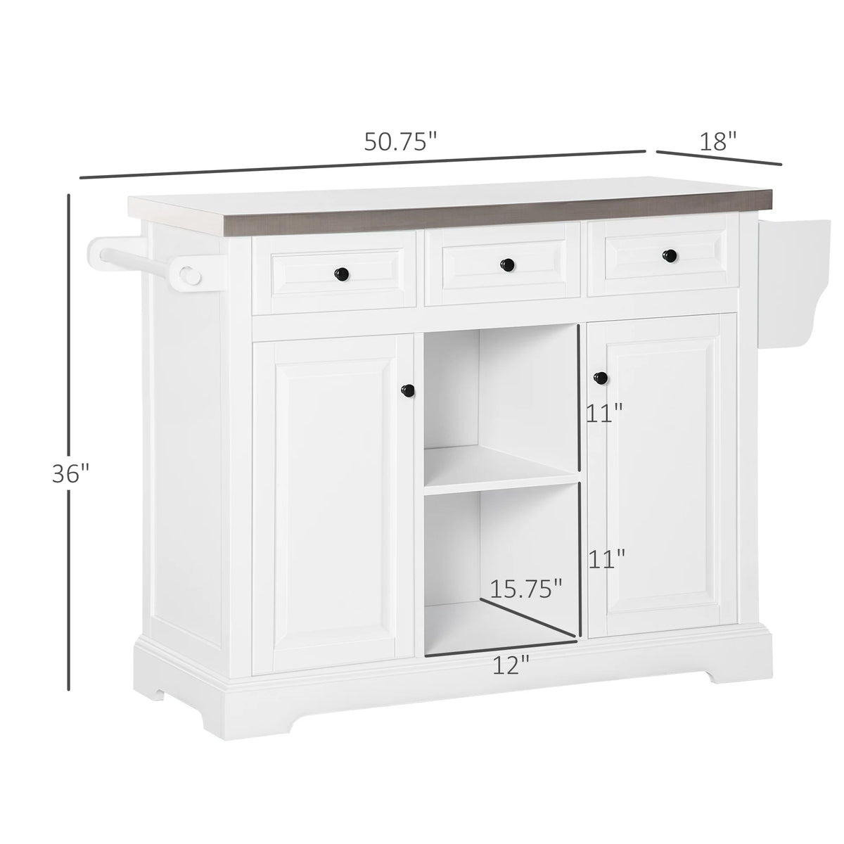 White Pine Wood Stainless Steel Rolling Kitchen Island Cart M7096