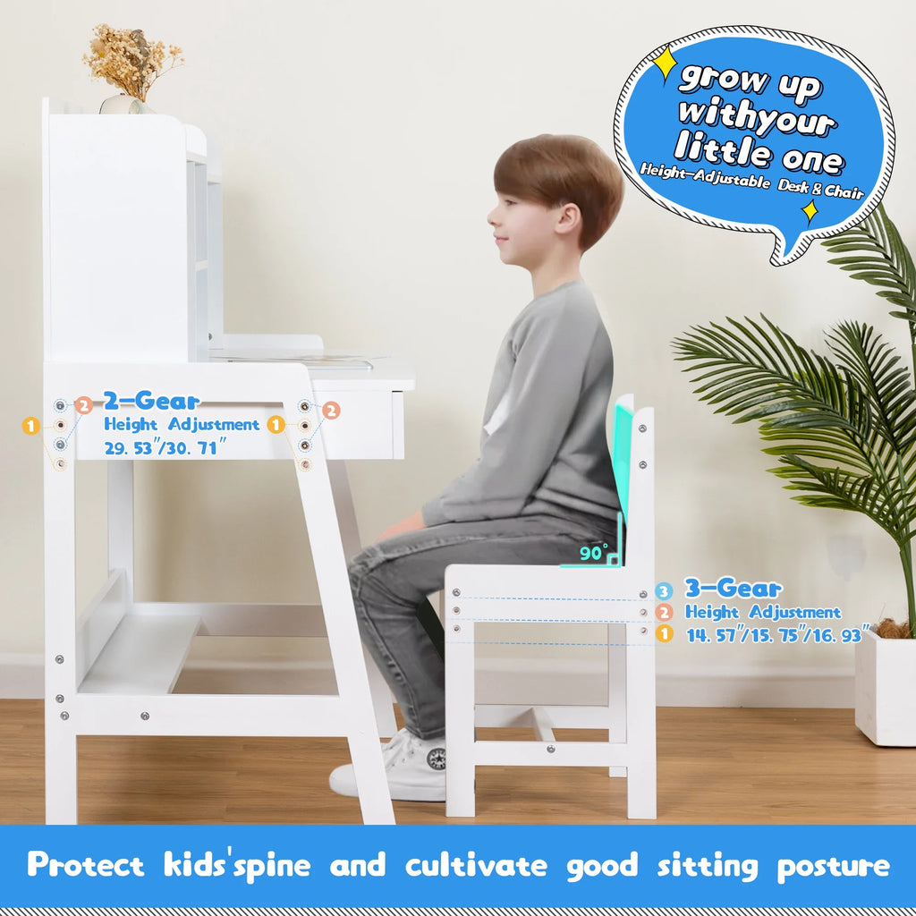 White Wooden Kids Desk and Chair Set with Drawers K69922
