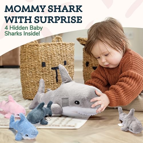 Large Multicolor Shark Stuffed Animal Plushie with 6 Mini Stuffed Toys H66600