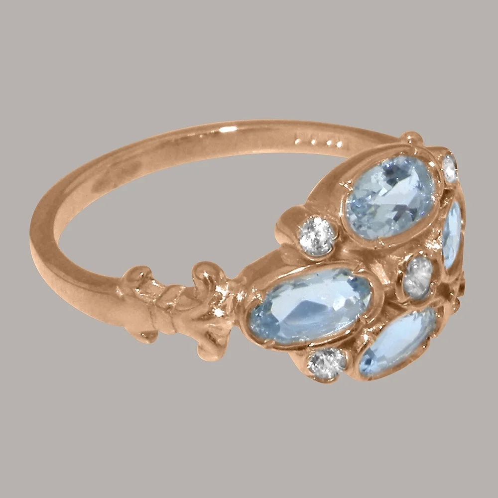 14k Rose Gold Diamond & Aquamarine Womens Ring Y446