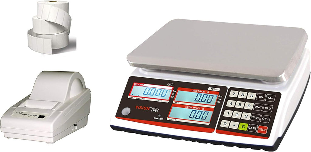 Price Computing Scale with Pole Display, 12lb Capacity, 0.002lb Readability, Thermal Label Printer, 1 Case of Labels W424514