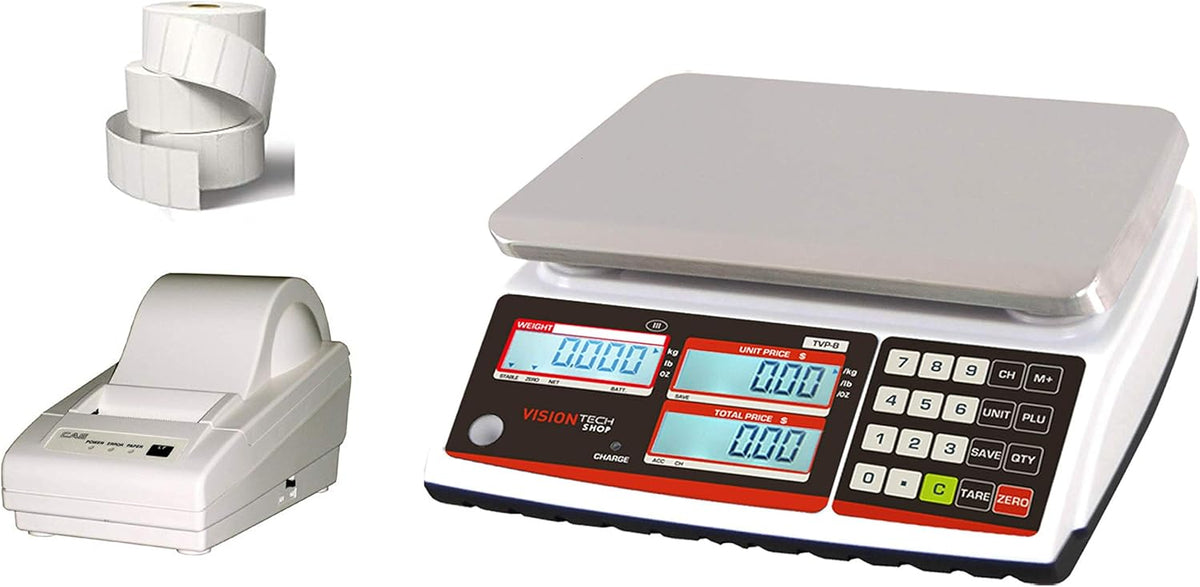 Price Computing Scale with Pole Display, 12lb Capacity, 0.002lb Readability, Thermal Label Printer, 1 Case of Labels W424514