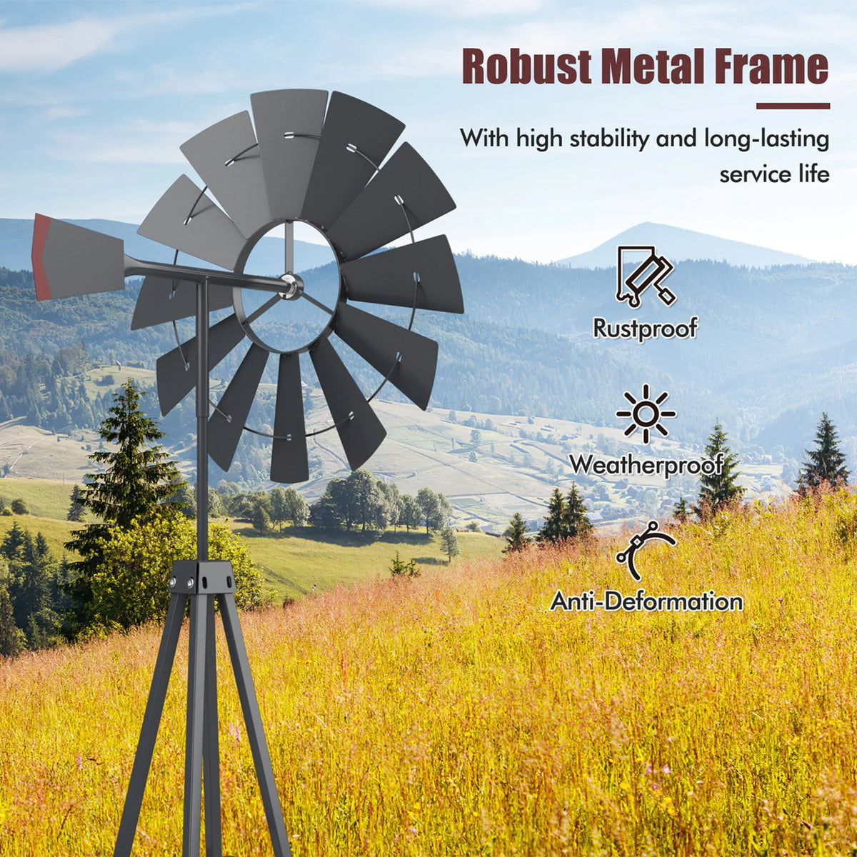 8 ft Ornamental Windmill with 4 Support Legs Gray W29622