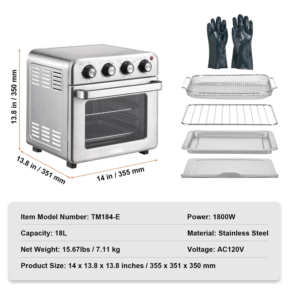 7-IN-1 Air Fryer Toaster Oven 18L Stainless Steel 1700W B697