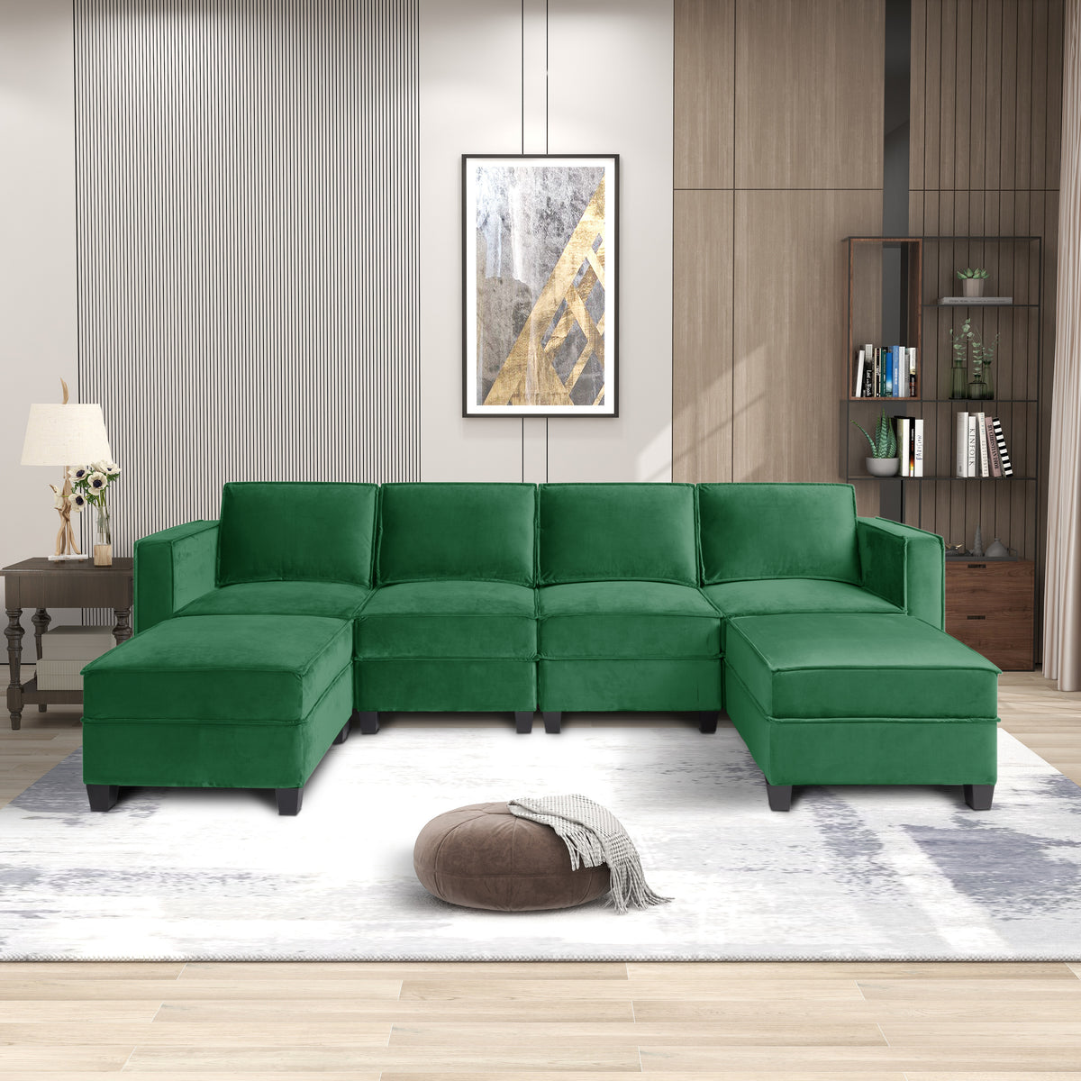 Modern Large Velvet U-Shaped Convertible Sectional Sofa Bed with Removable Storage Ottomans M1049