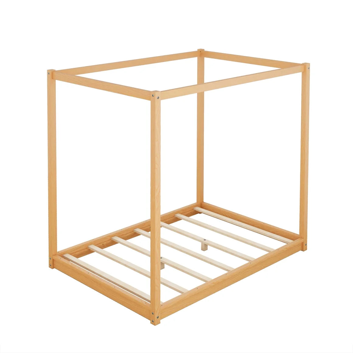 White Queen Size Wood Canopy Bed Frame with Headboard R7349