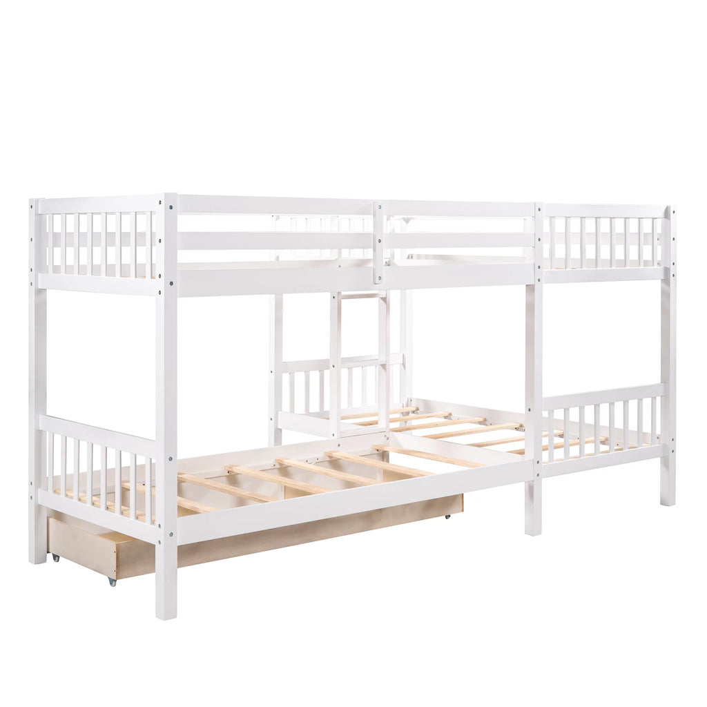 White Wooden L-Shaped Twin Over Twin Bunk Beds with Storage Drawers P522311