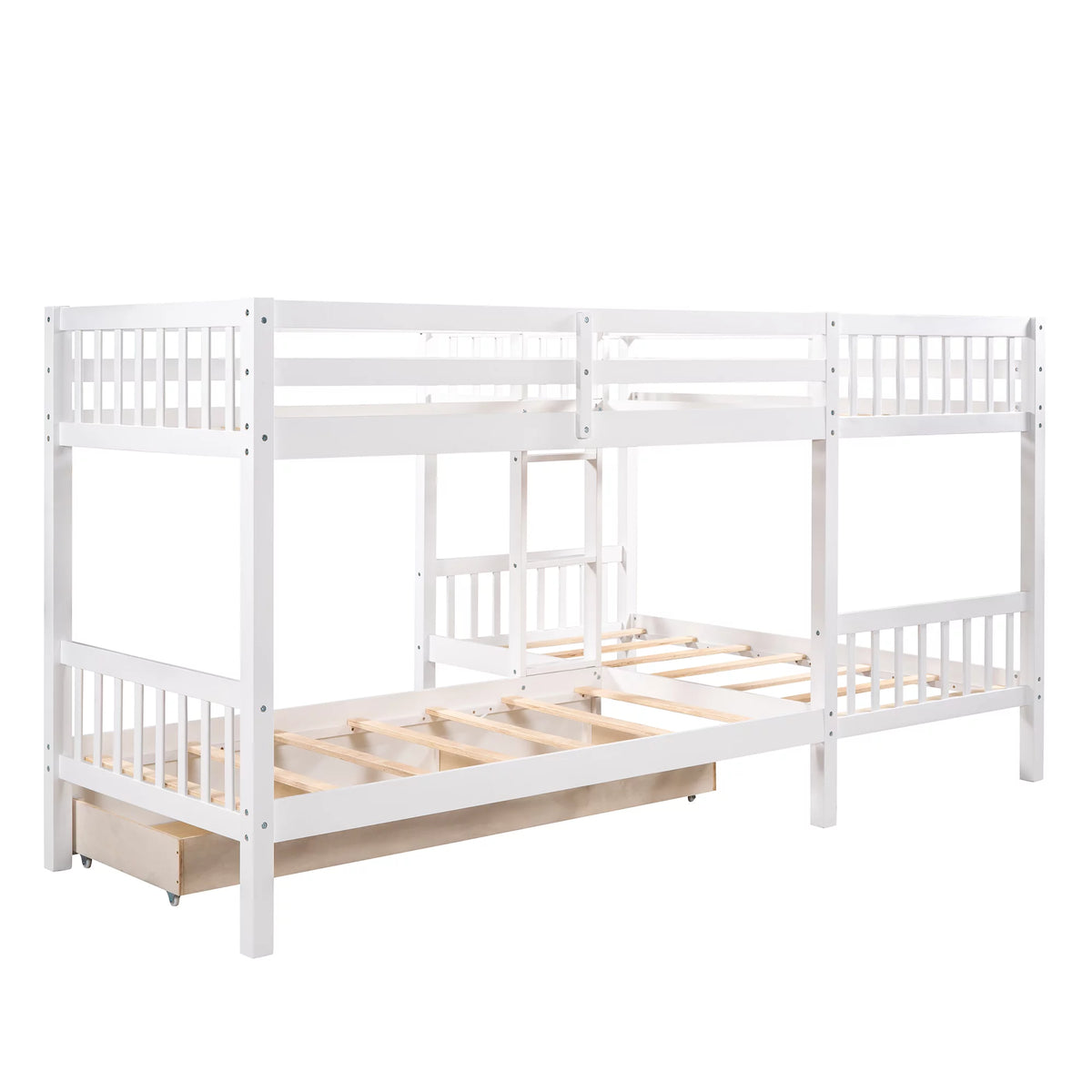 White Wooden L-Shaped Twin Over Twin Bunk Beds with Storage Drawers P522311