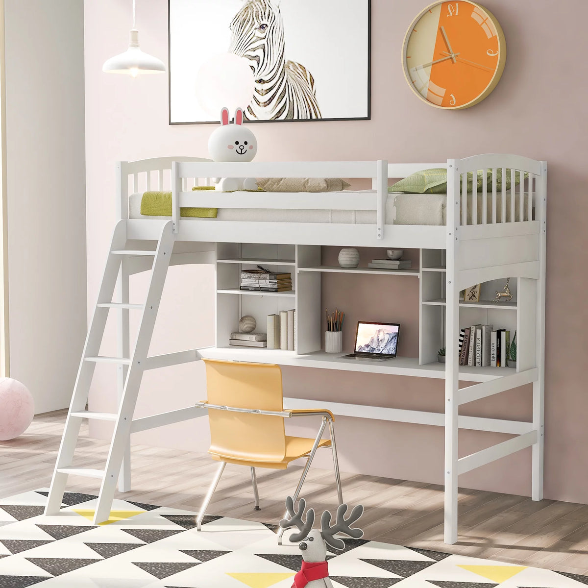 White Twin Size Loft Bed with Storage Shelves L3996