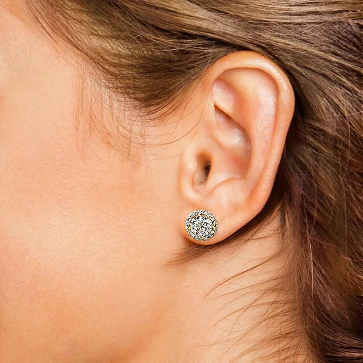 0.60 Carat Round Halo Natural Diamond Stud Earrings 14K Yellow Gold P346