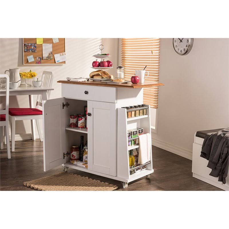 Two-Tone White and Dark Brown Lacquered Wood Kitchen Cart Cabinet Q1452