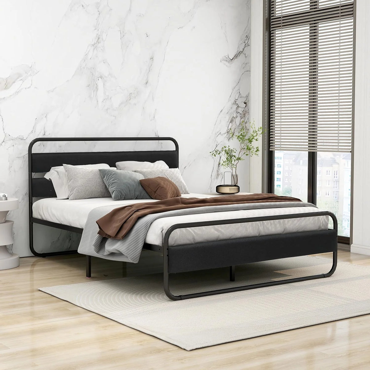 Queen Size Metal Platform Bed Frame with Upholstered Headboard Z960