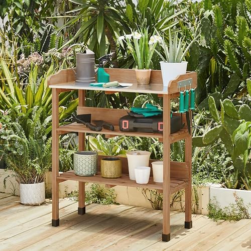 Brown Wooden Potting Bench Table with Storage Shelf S26507