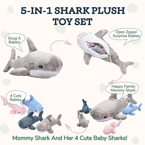 Large Multicolor Shark Stuffed Animal Plushie with 6 Mini Stuffed Toys H66600